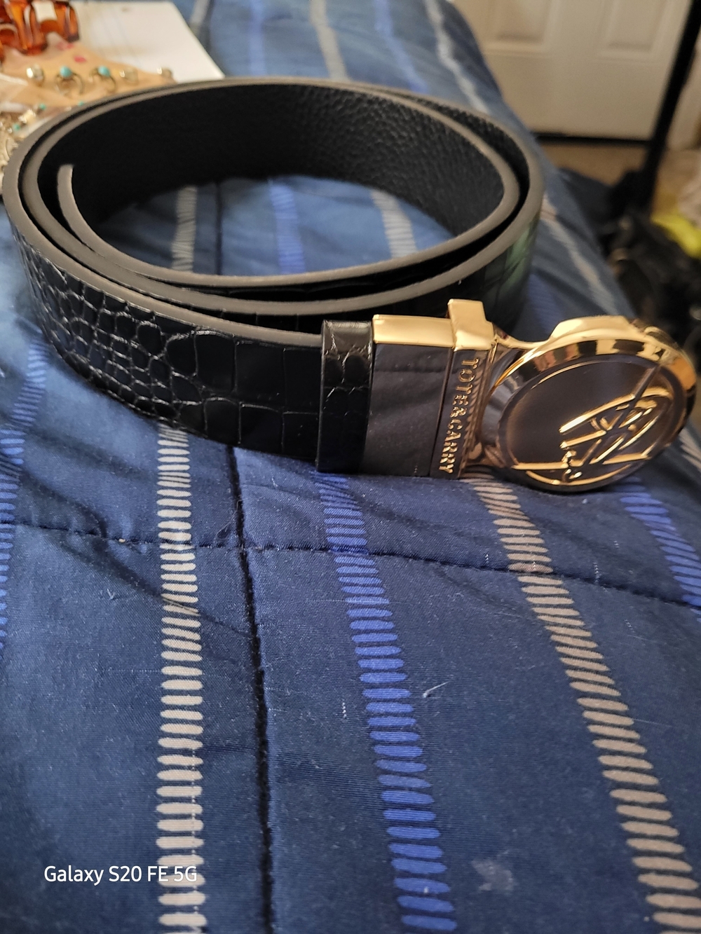 Tombolini Black Croc-Embossed Leather Belt with Gold Buckle